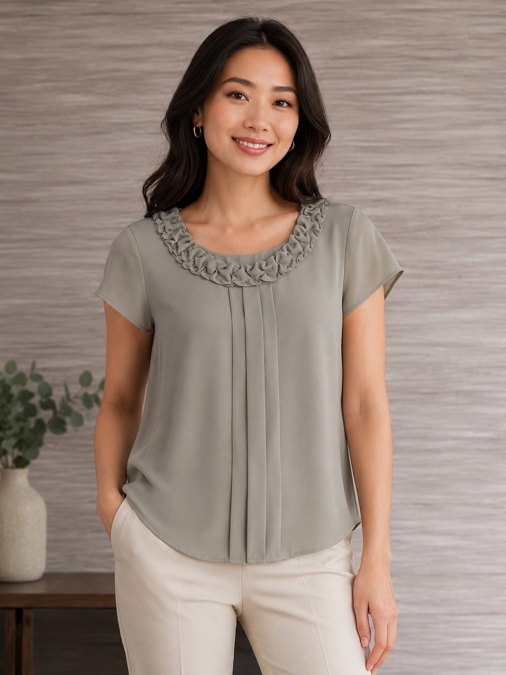 Jones New York Short Sleeve Lined Sage Green Dress Blouse Cap Sleeve Size 10